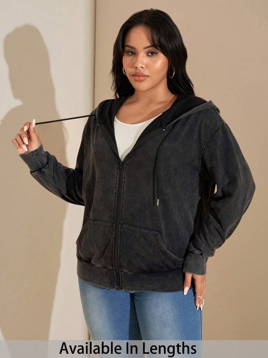 SHEIN Tall CURVE 大码女式开襟拉链水洗面料长袖卫衣，百搭黑色休闲套头衫，带口袋，适合秋冬季穿着。 - 黑色 - 查看 1