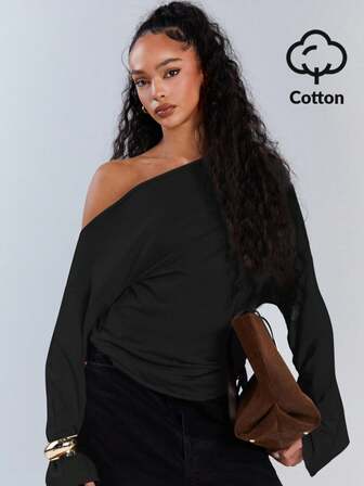 Athîral 女士休闲纯色不对称领抽绳上衣，秋季