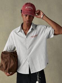 SWAVVY Men's Woven Letter Embroidered Striped Short Sleeve Casual Shirt Men Casual Shirt Chill Vibe Shirt Streetwear Men Shirt Striped Men Shirt Casual Striped Shirt - White - View 2