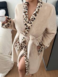 Dream Adore 加大码女士豹纹拼接珊瑚绒浴袍，加厚浴袍，蓬松猎豹纹浴袍，冬季 - 彩色 - 查看 5