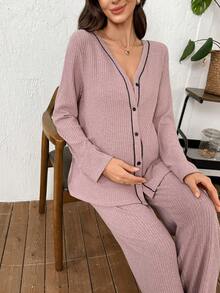 Moonlight&Mama 孕妇针织开衫、吊带背心和裤子三件套家居服套装，简约设计 - 粉色 - 查看 4