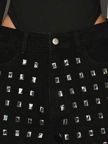 KIZN 高腰阔腿帕拉佐牛仔裤，饰以银色方形铆钉，适合晚宴场合。 - 黑色 - 查看 4