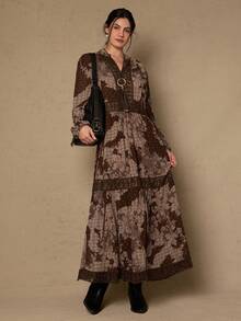 SHEIN VCAY 大码波西米亚风度假休闲复古西部风印花蕾丝拼接长袖雪纺连衣裙 - 咖啡棕 - 查看 4