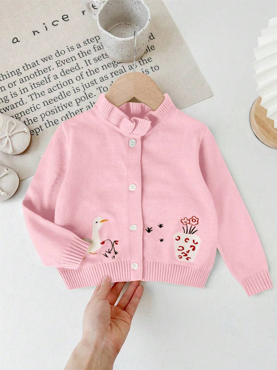 SHEIN LMoss Kids LMoss Cute Cartoon Print Long Sleeve Cardigan Sweater For Baby Girls, Autumn Winter - Pink - View 1