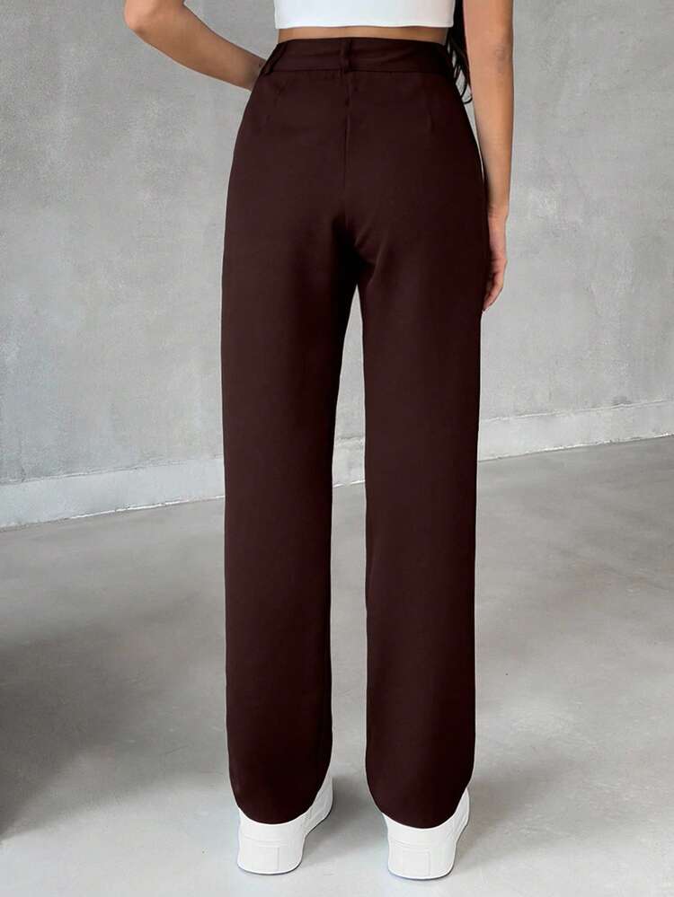 EURMUSE Women Solid Color Button Detailed Wide Leg Pants - Brown - View 2