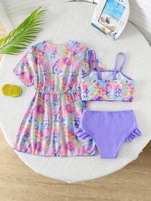 少女三件套泳衣，可爱豹纹印花，时尚休闲优雅泳装，适合游泳、度假、夏季保暖，圣诞节、新年、情人节等节日穿着。女童沙滩套装，三件套泳衣，青少年泳装，三件套女童泳衣套装，女童热带风情泳装套装 - 彩色 - 查看 2