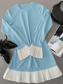Aloruh Women's Elegant Commuter Color Block Pleated Flare Sleeve Midi Dress - Baby Blue - View 4