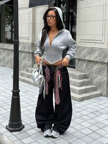 SHEIN EZwear Zip Up Asymmetrical Hem Crop Hoodie In Fall/Winter