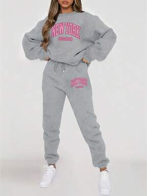 INAWLY Women's Letter Printed Fleece Sweatshirt And Sweatpants Set