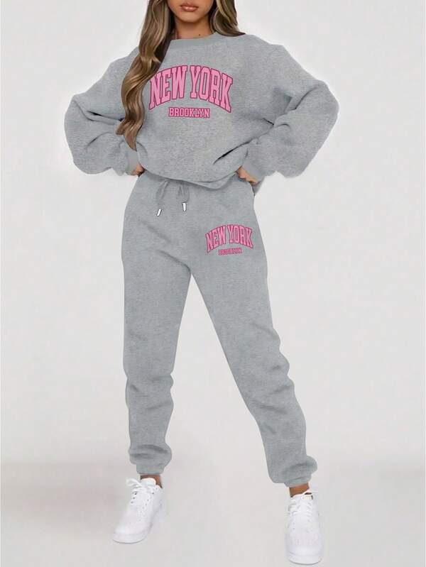INAWLY Women's Letter Printed Fleece Sweatshirt And Sweatpants Set