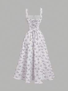 SHEIN MOD Square Neck Lace Front Panel Gathered Back Tie Floral Dress, Party Dress, Brunch Dress, Vacation Dress, Banquet Dress, Valentine's Day Dress, New Year's Dress,Beach Vacation Outfits - Multicolor - View 2