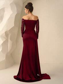 Coutiva 优雅奢华的串珠亮片网纱拼接高开衩荷叶边美人鱼裙，适合婚礼、单身派对、度假、庆典、正式活动（装饰版）、毕业典礼等场合。 - 酒紅色 - 查看 2