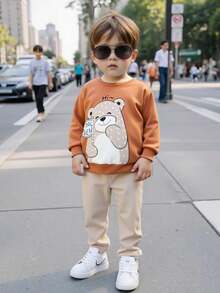 Cozy Pixies 两件套男童卡通熊图案保暖针织柔软圆领长袖套头卫衣和弹力腰修身加厚长裤套装，适合冬季穿着 - 棕色 - 查看 7