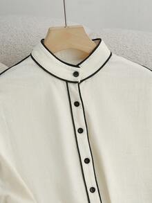 Franclia Siren Gaze 女士加大码上衣，100% 纯棉撞色滚边长袖衬衫，立领棉质衬衫，秋冬季，纽扣衬衫，西部风格上衣，纽扣衬衫，西部衬衫，女士西部纽扣衬衫，感恩节衬衫，女士休闲衬衫，校服衬衫，优雅女士衬衫 - 米色 - 查看 6