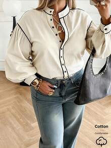 Franclia Siren Gaze 女士加大码上衣，100% 纯棉撞色滚边长袖衬衫，立领棉质衬衫，秋冬季，纽扣衬衫，西部风格上衣，纽扣衬衫，西部衬衫，女士西部纽扣衬衫，感恩节衬衫，女士休闲衬衫，校服衬衫，优雅女士衬衫 - 米色 - 查看 1