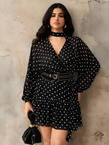 Roveilla 大码黑色波点V领系腰连衣裙，秋冬 - 黑色 - 查看 3