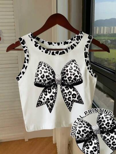 Resyla Women's Leopard Print Bow Decor Round Neck Casual Tank Top