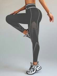 Slayform 女士不对称腰部镂空设计休闲健身紧身裤 - 深灰色 - 查看 4