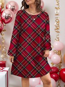 SHEIN LUNE Abito mini a maniche a lanterna con stampa a quadri natalizi, adatto per donne taglia comoda, per autunno/inverno. Abito a quadri da donna, abito a quadri rosso, abito con stampa a quadri, adatto per feste di Capodanno, abbigliamento invernale da donna, abito invernale da donna, abito di Capodanno, abiti di Capodanno da donna, Capodanno donna, abito da festa, abiti da festa per donna, abiti eleganti da donna, abito rosso da donna, quadri