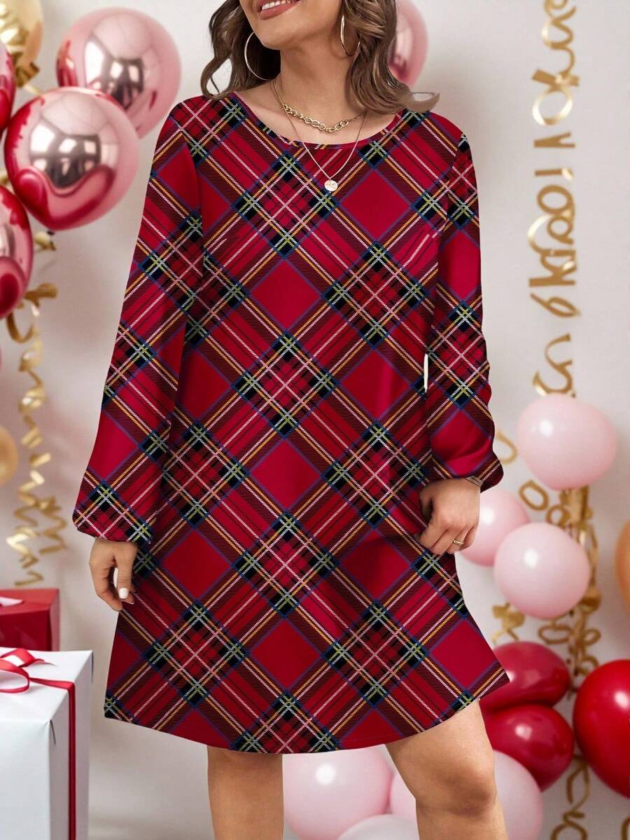 SHEIN LUNE Abito mini a maniche a lanterna con stampa a quadri natalizi, adatto per donne taglia comoda, per autunno/inverno. Abito a quadri da donna, abito a quadri rosso, abito con stampa a quadri, adatto per feste di Capodanno, abbigliamento invernale da donna, abito invernale da donna, abito di Capodanno, abiti di Capodanno da donna, Capodanno donna, abito da festa, abiti da festa per donna, abiti eleganti da donna, abito rosso da donna, quadri