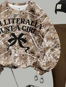 Tween Girls Knit Crew Neck Letter Graphic Loose Sweatshirt And Flare Leg Pants 2 Pieces Set, Classic Bow Print, Classic Fallen Leaves Print - Multicolor - View 4