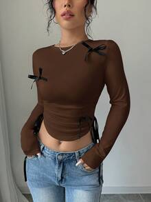 Selianne 女士休闲长袖T恤，侧边抽绳设计，春季女式上衣 - 棕色 - 查看 5