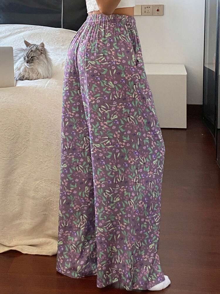 Floral & Plant Print Loose Women Pajama Bottoms