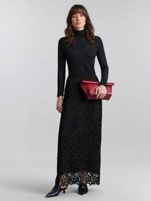 Ontre Women's Black,Autumn,Classy,Elegant,Dining Floral Lace Maxi Skirt,Textured Fabric A-Line Design,Casual Urban Chic Business Attire Office Wear,Wedding - Black - View 7
