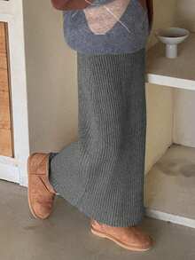 DAZY Rok Midi Rajut Panjang Kasual Warna Polos untuk Anak Perempuan Remaja, Musim Gugur/Dingin - Grey - View 4