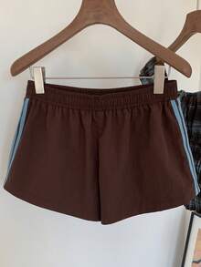 Comfortcana 女士松紧腰侧条纹宽松短裤，夏季 - 巧克力棕 - 查看 2