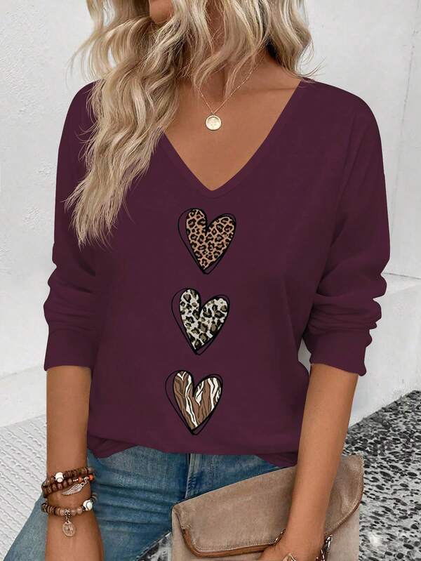 EMERY ROSE Women's Spring/Summer New Arrival Ombre Leopard Print Heart Pattern Casual V-Neck Long Sleeve T-Shirt