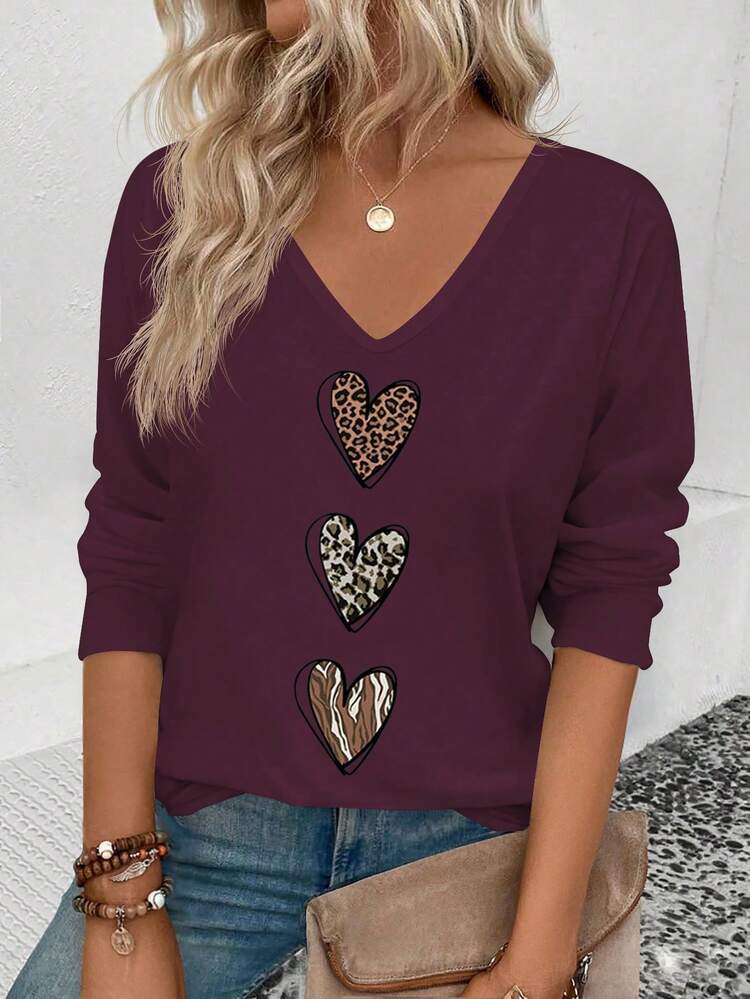 EMERY ROSE 女士春夏新款渐变豹纹爱心图案休闲V领长袖T恤 - 中紫紅色 - 查看 1