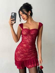 Aloruh Rochie de damă nouă, sexy, elegantă, fermecătoare, fierbinte, romantică, roșie, cu imprimeu floral din dantelă, cu volane, cu bretele spaghete, pentru întâlniri de Crăciun, petreceri sau ieșiri în oraș - roșu - Vizualizare 6