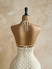 Soleia 性感细肩带 V 领镂空木珠装饰紧身连衣裙，度假细肩带系带渐变色针织连衣裙，适合度假、约会、下午茶、音乐节、波西米亚风 - 杏色 - 查看 7