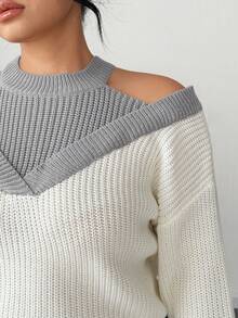 SHEIN Elenzya 女士二合一露肩撞色毛衣 - 淺灰色 - 查看 6