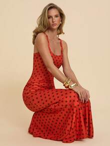 COSMINA 女士优雅波点吊带连衣裙，鱼尾裙摆，适合约会和各种场合，四季皆宜 - 紅色 - 查看 6