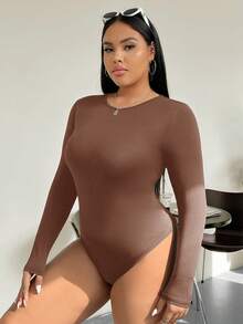 SHEIN EZwear 大码纯色圆领常规肩部长袖连体衣，适合秋冬季、圣诞节、新年、感恩节、派对、婚礼、海滩、毕业典礼等场合，时尚优雅，休闲百搭，适合外出、约会、预约、通勤等各种场合。 - 棕色 - 查看 12