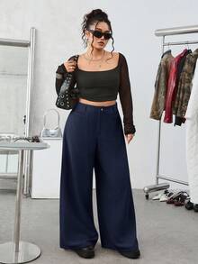 SHEIN EZwear Plus Size Casual Wide Leg Pants, Thick Corduroy Solid Color Front Button, Navy Blue - Navy Blue - View 6