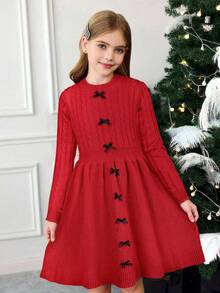 SHEIN 少女优雅圆领修身针织中长连衣裙，正面饰有撞色蝴蝶结，适合冬季穿着；纯红色长袖针织连衣裙 - 紅色 - 查看 10