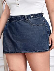 SHEIN CURVE+ 大码女式美式休闲牛仔短裙 - 深色水洗藍 - 查看 4