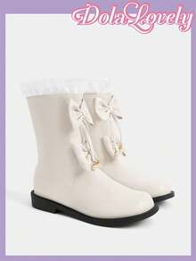 Dola Lovely Women's Fashion Versatile Mid-Calf Boots With Bow Decor Valentine's Day - White - View 1