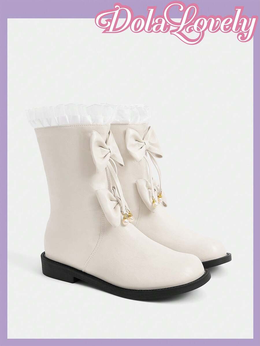 Dola Lovely Women's Fashion Versatile Mid-Calf Boots With Bow Decor Valentine's Day - White - View 1
