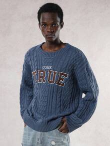 DAZY Men's Letter Embroidery Design Blue Striped Cable Knit Sweater, Autumn/Winter - Blue - View 5