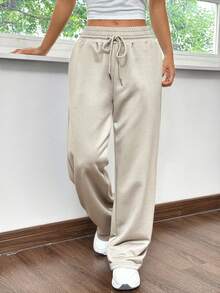 SHEIN EZwear 女士针织休闲宽松直筒运动裤，杏色 - 杏色 - 查看 3