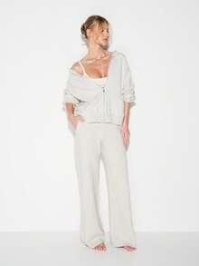 KIZN Oversized Zip-Up Hooded Cardigan With Long Sleeves And Ribbed Knit Texture For Casual Layering - Grey - View 3