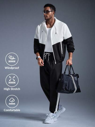  DRIFTMERE Men's Tops And Pants Two Pieces Sportswear Contrast Color Hooded Jacket And Sweatpants Casual Suit, Fall/Winter, Tracksuit, Gym, Jogging Set Spring To Summer