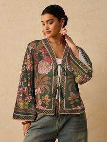 Travachic Plus Size Autumn Vacation Plant Print Front Tie Shirt