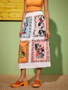 Felipe Marques Women's Floral Print Skirt, Casual For Vacation, Party, Bohemian Style, Autumn/Winter - Apricot - View 2