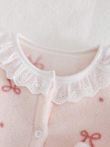 两件套女婴抓绒睡衣套装，可爱蝴蝶结领荷叶边甜美公主风儿童冬季开衫和裤子家居服