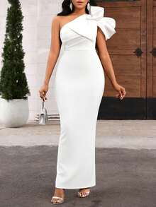 SHEIN Lady Black & White Contrast Bow Accent Long Formal Dress - White - View 4